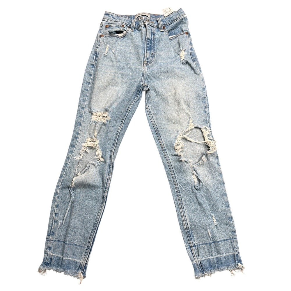 Abercrombie‎ & Fitch High Rise Mom Jeans Light Wash Distressed Raw Hem 26 Short
